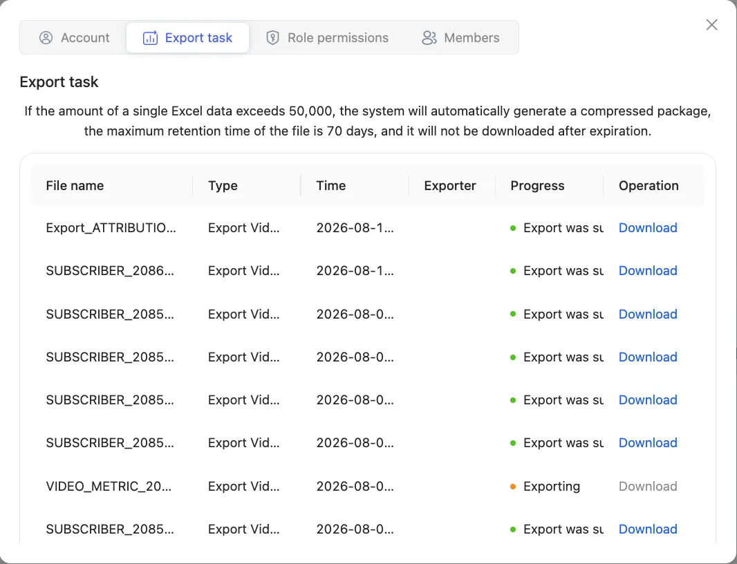The Export task list in the user center. Only successful exports download