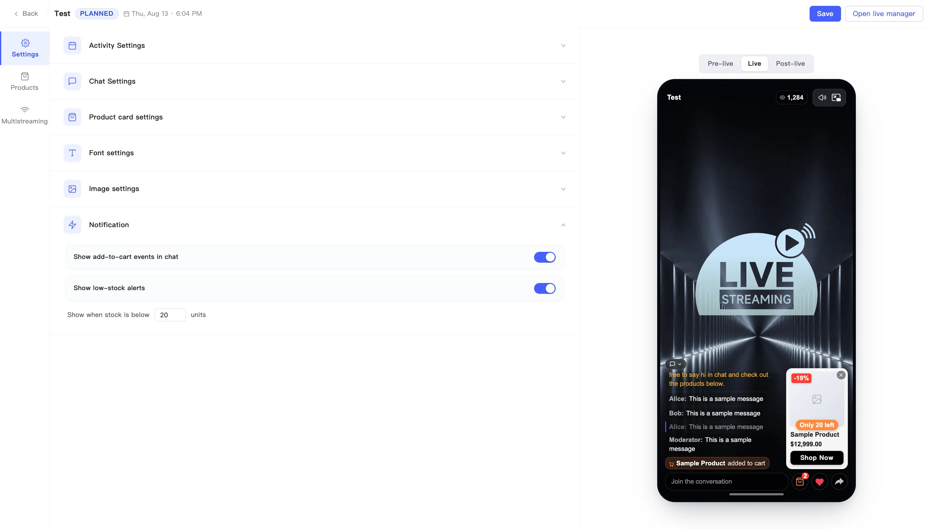 The two Notification toggles, with the chat prompt and stock badge in the preview